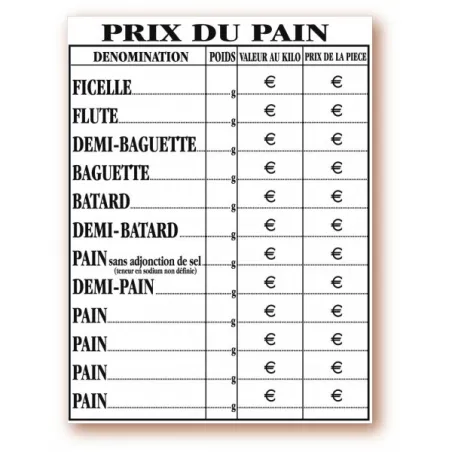 Panneau tarif "Prix du pain"