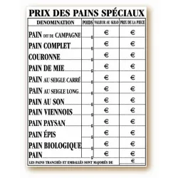 Panneau tarif "Prix du pain spéciaux"