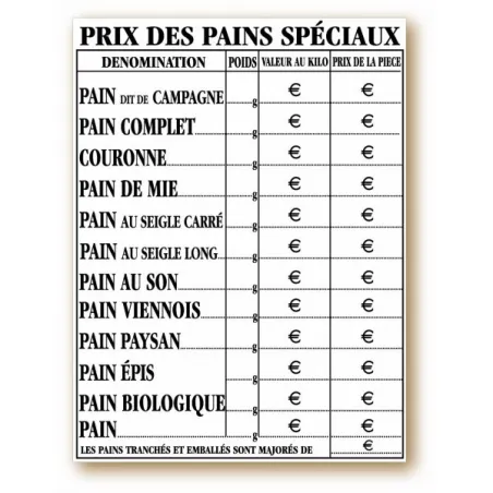 Panneau tarif "Prix du pain spéciaux"